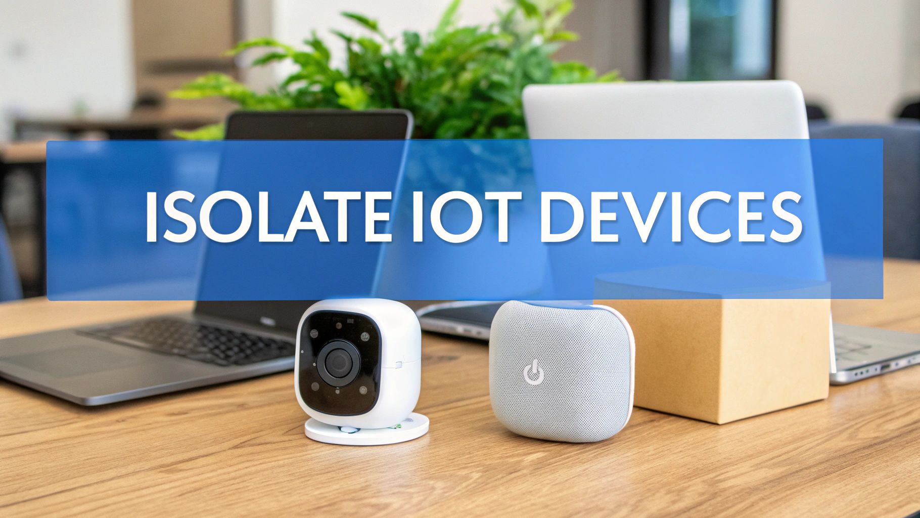 IoT security devices including smart camera and speaker on office desk with laptops