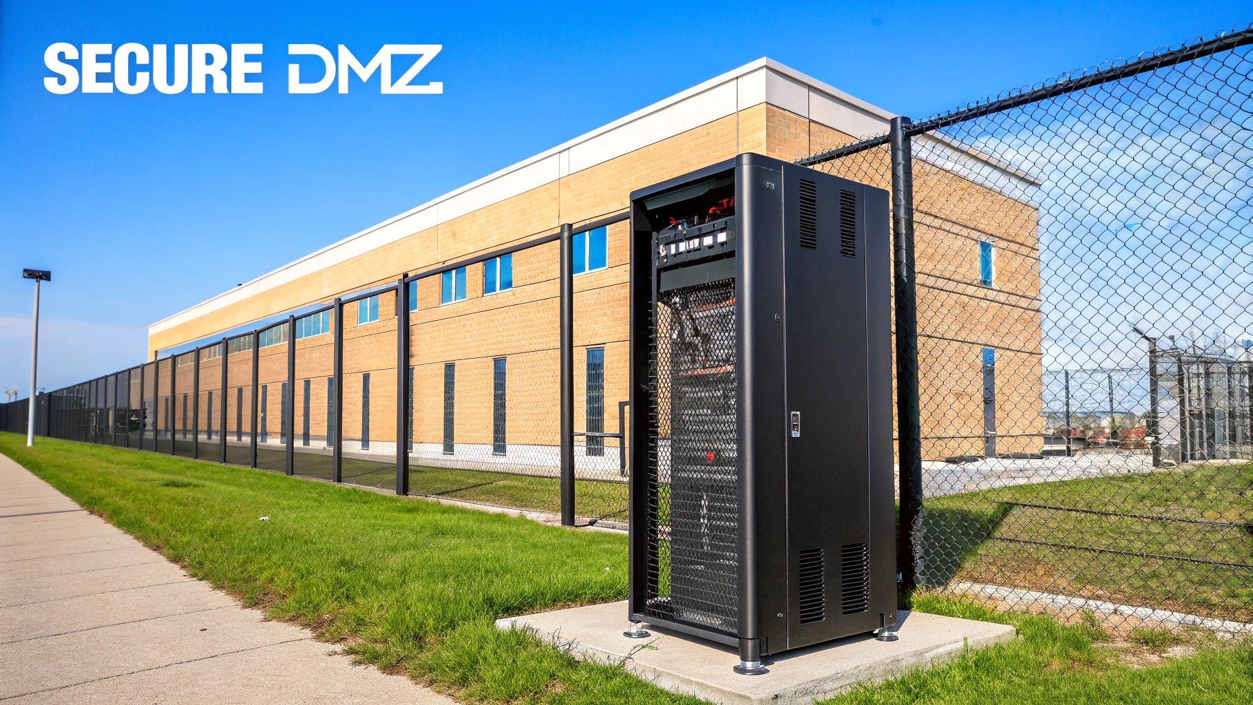 Secure DMZ network infrastructure with server cabinet and perimeter fencing protecting data center facility