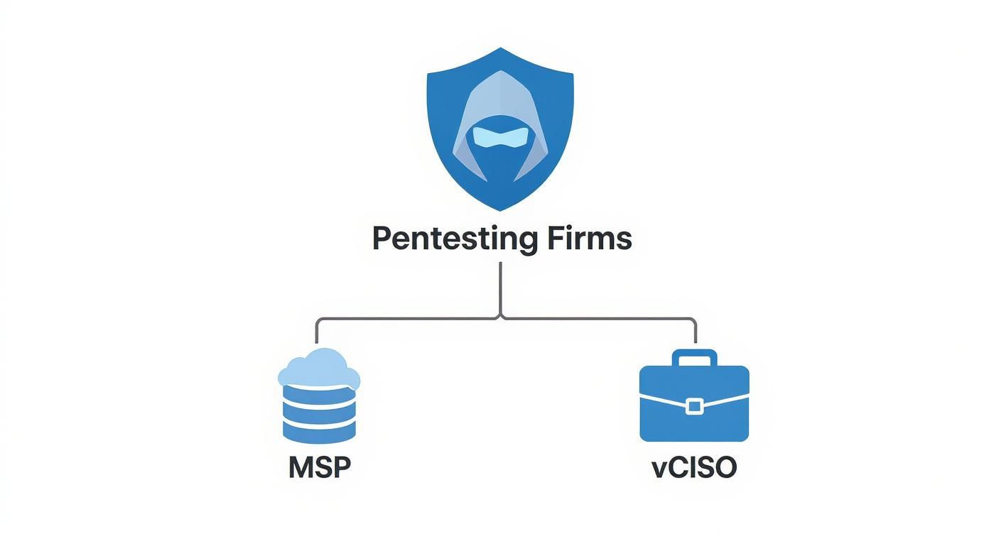 Diagram showing pentesting firms divided into MSP and vCISO service categories with shield icon