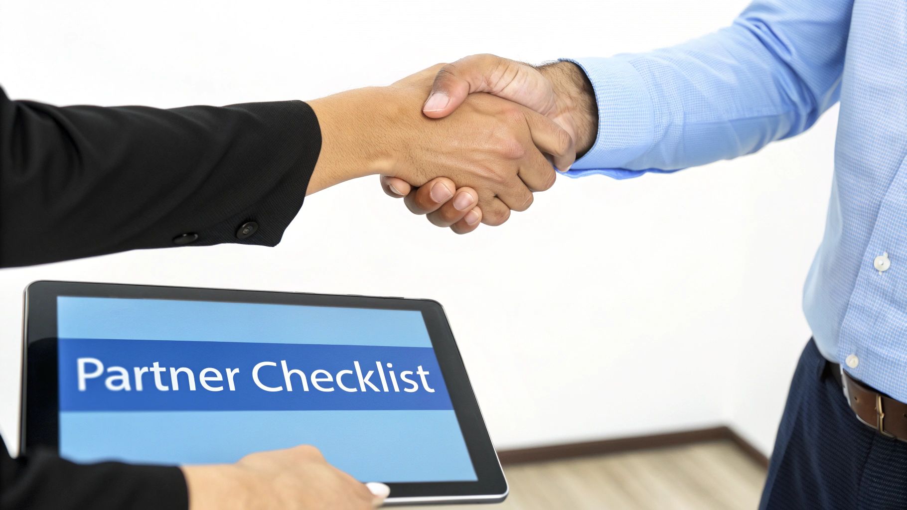 Two business professionals shaking hands over tablet displaying partner checklist for cybersecurity collaboration