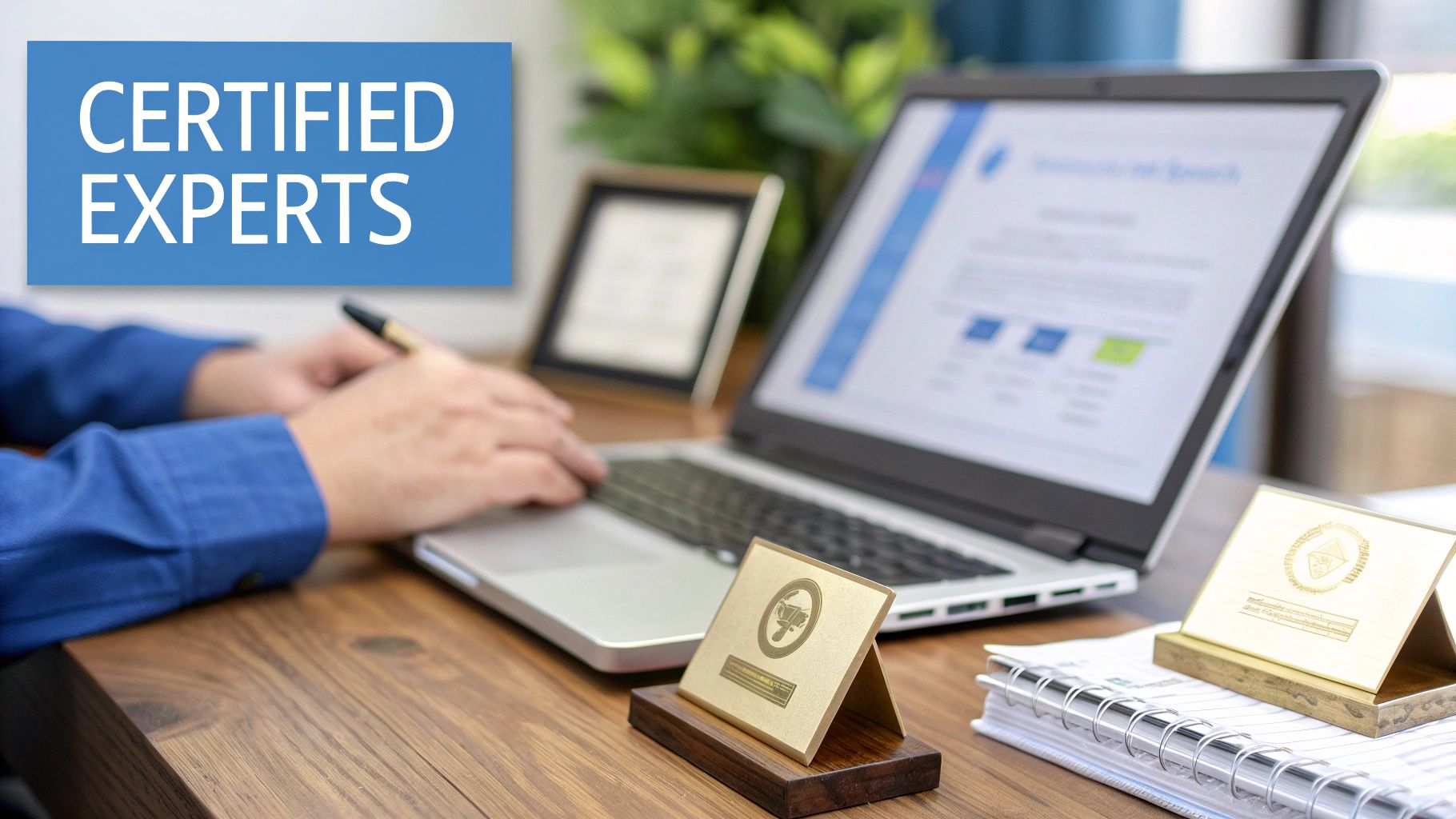 Certified experts working on laptop with professional certification awards displayed on wooden desk