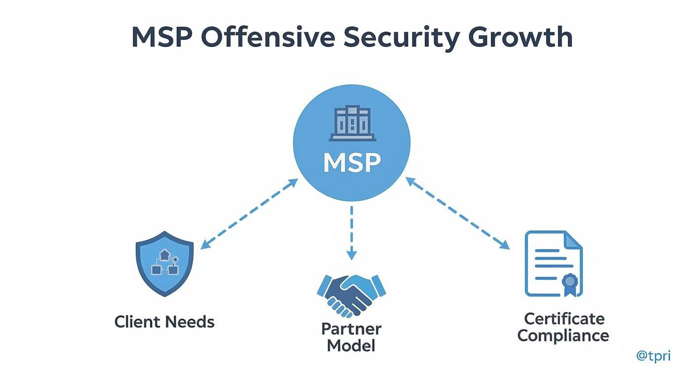 Diagram illustrating how client needs, partner model, and certificate compliance drive MSP offensive security growth.