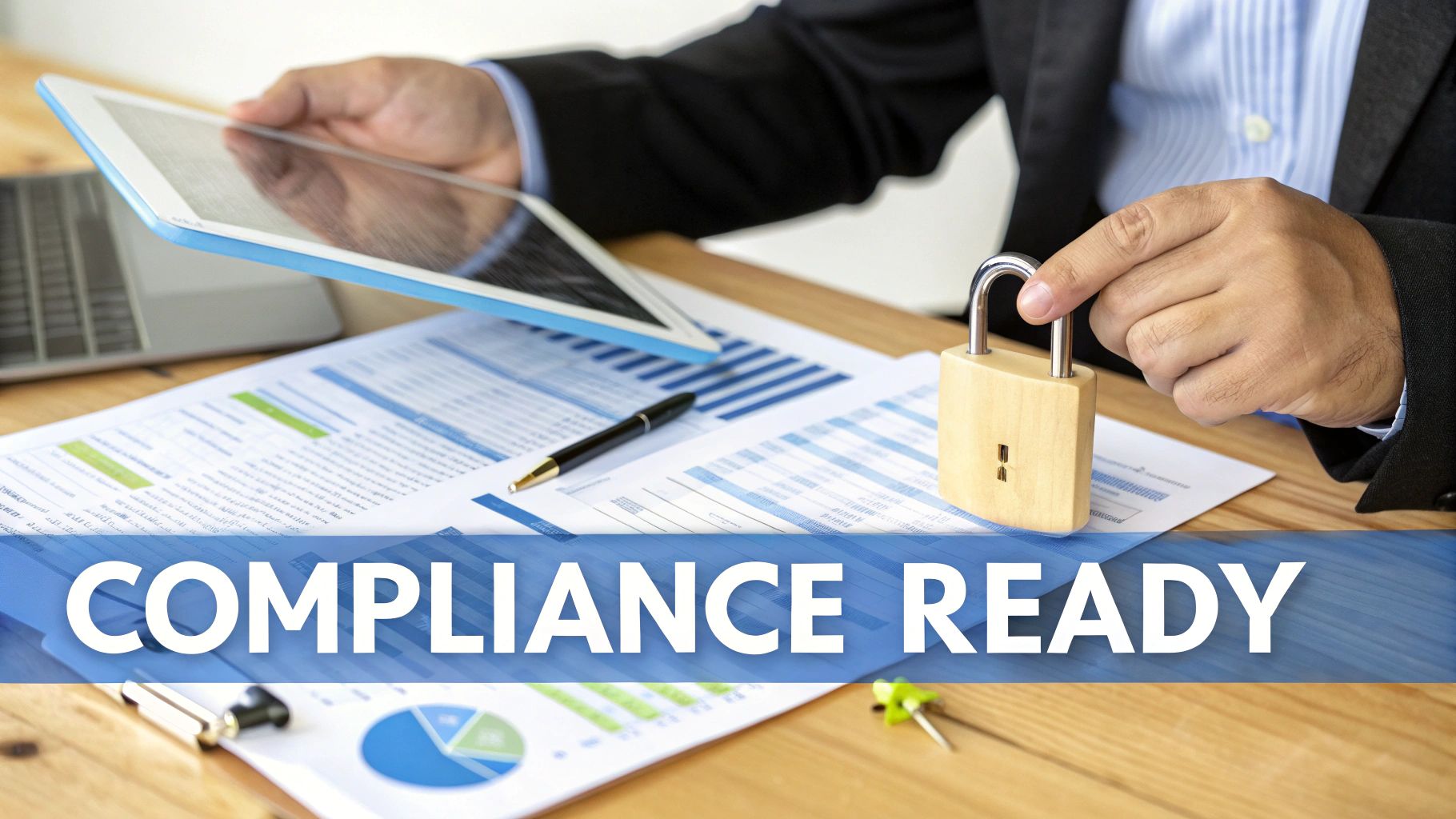 A person holding a tablet and a padlock on a desk with financial documents and charts.