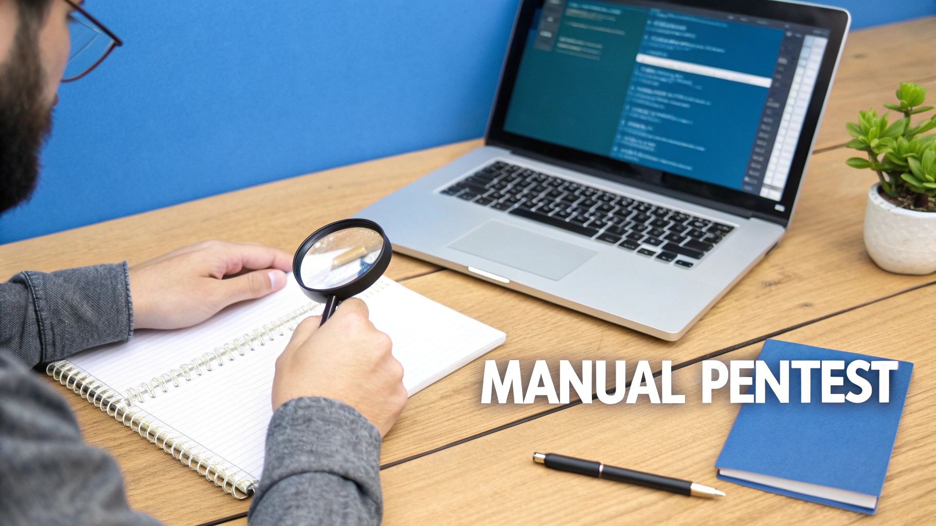 Person with magnifying glass reviewing notes at a desk with a laptop and 'Manual Pentest' text.