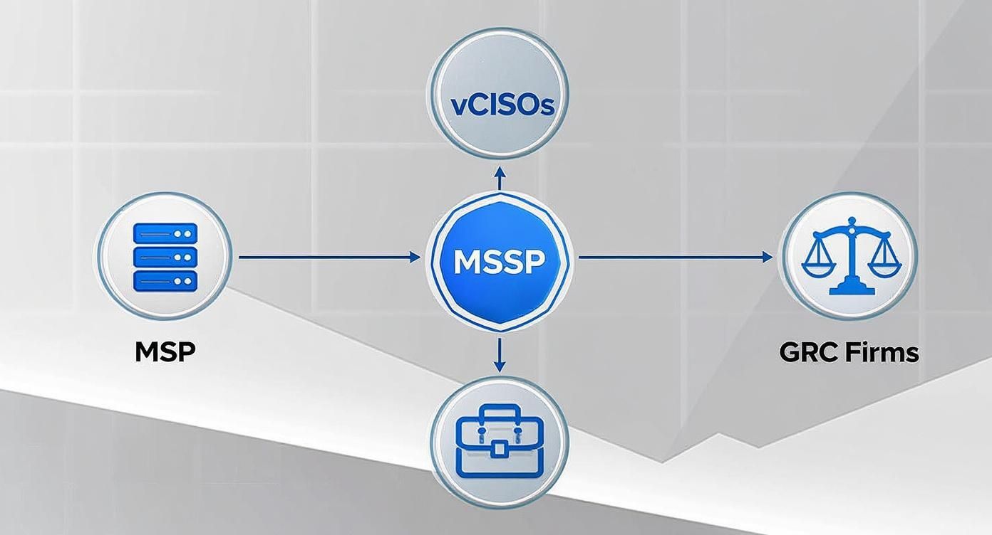 Diagram showing how an MSSP connects with MSPs, vCISOs, GRC Firms, and client businesses.