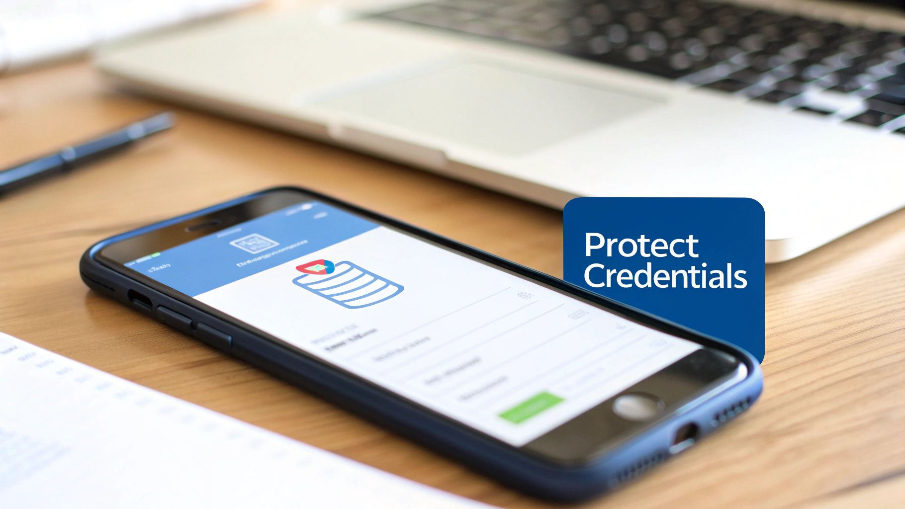 A smartphone displaying a 'Protect Credentials' message on its screen with a laptop nearby.