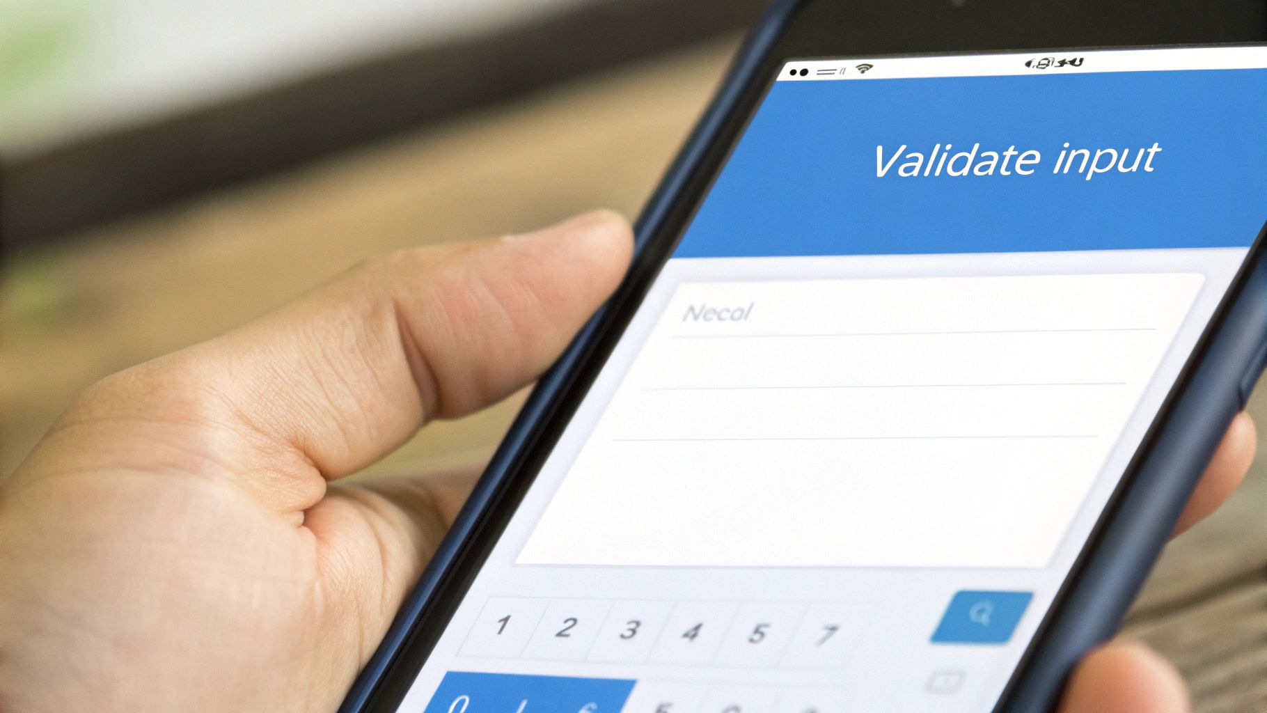 A hand holds a smartphone displaying a 'Validate input' screen with an input field and a numeric keypad.