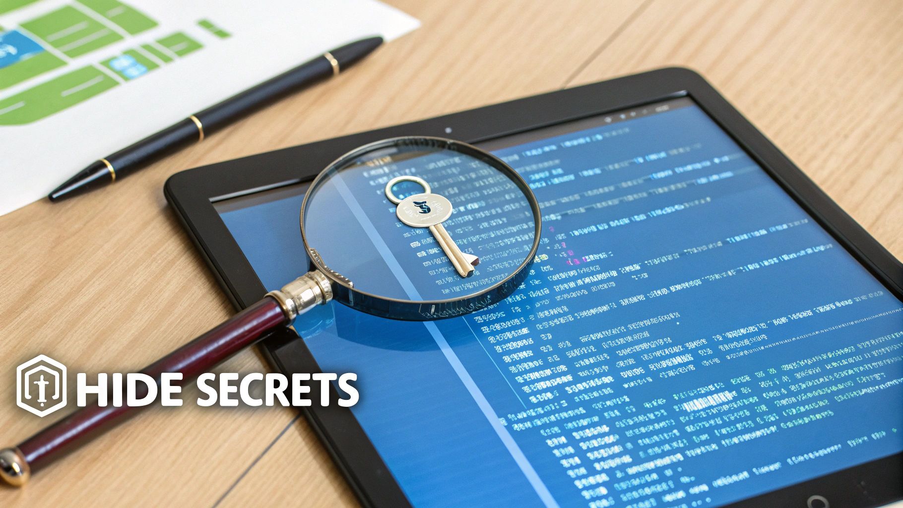 Digital security concept with a magnifying glass over a key on a tablet screen displaying code.