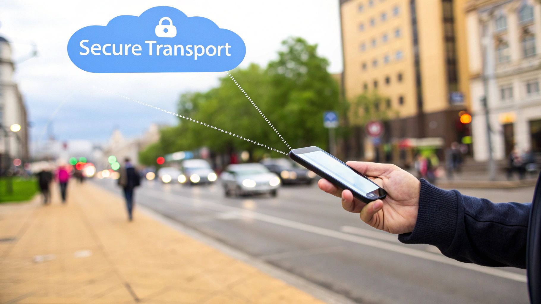 A person's hand holding a smartphone, with secure cloud communication indicated above a busy city street.