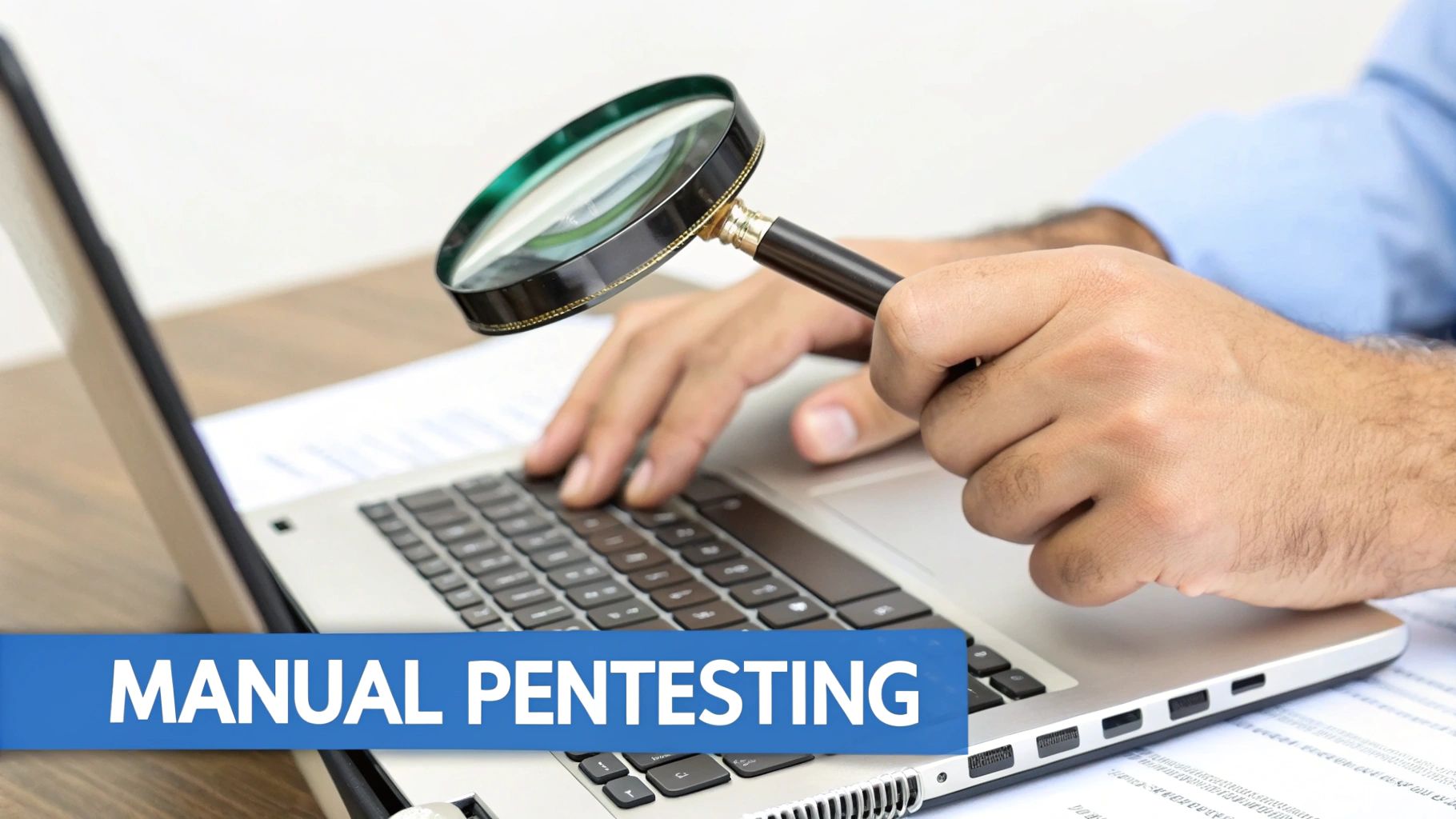 A person's hands using a laptop while holding a magnifying glass, with text 'MANUAL PENTESTING' on a blue banner.