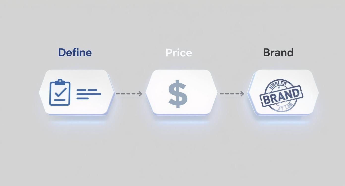 A three-step process flowchart illustrating 'Define', 'Price', and 'Brand' for business strategy.
