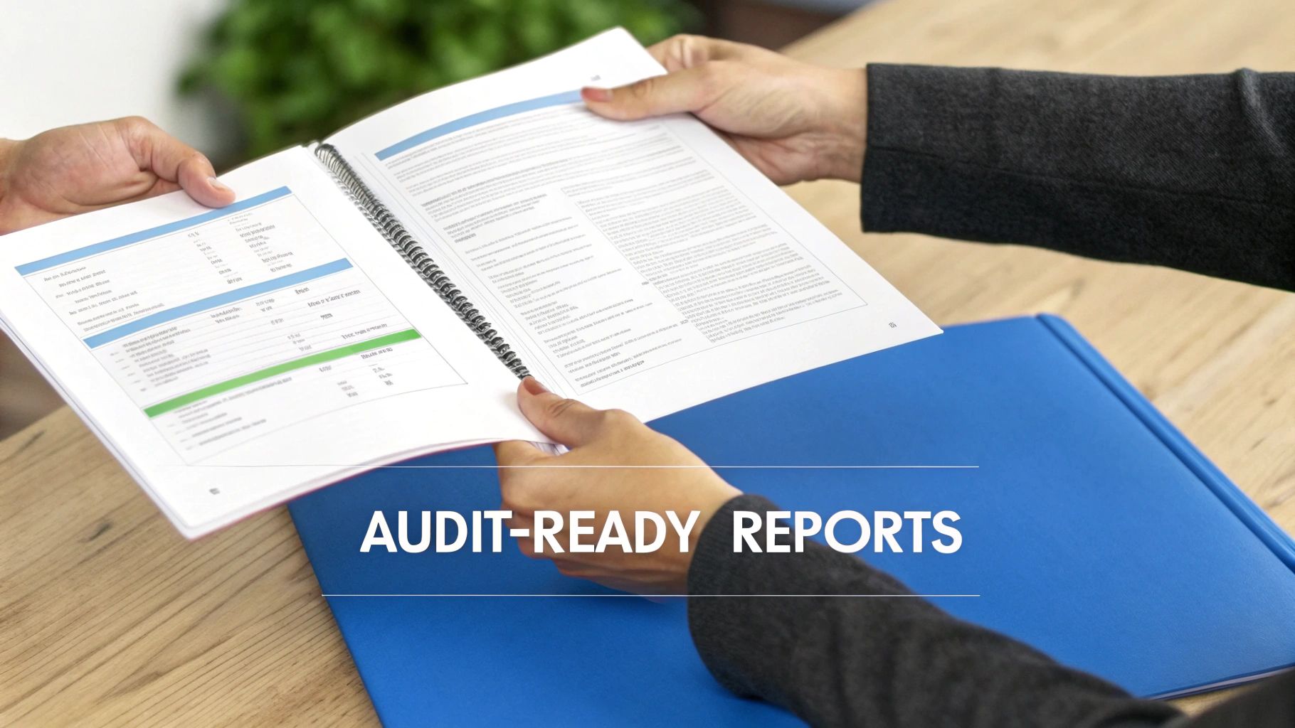 Hands of two people reviewing a detailed, spiral-bound report labeled "Audit-Ready Reports."