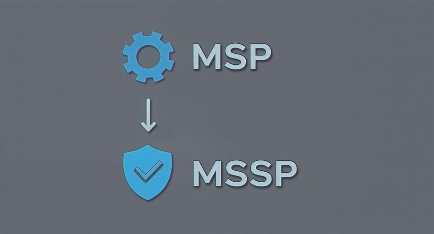 A blue gear and MSP text leading to a blue shield with a checkmark and MSSP text, illustrating service evolution.