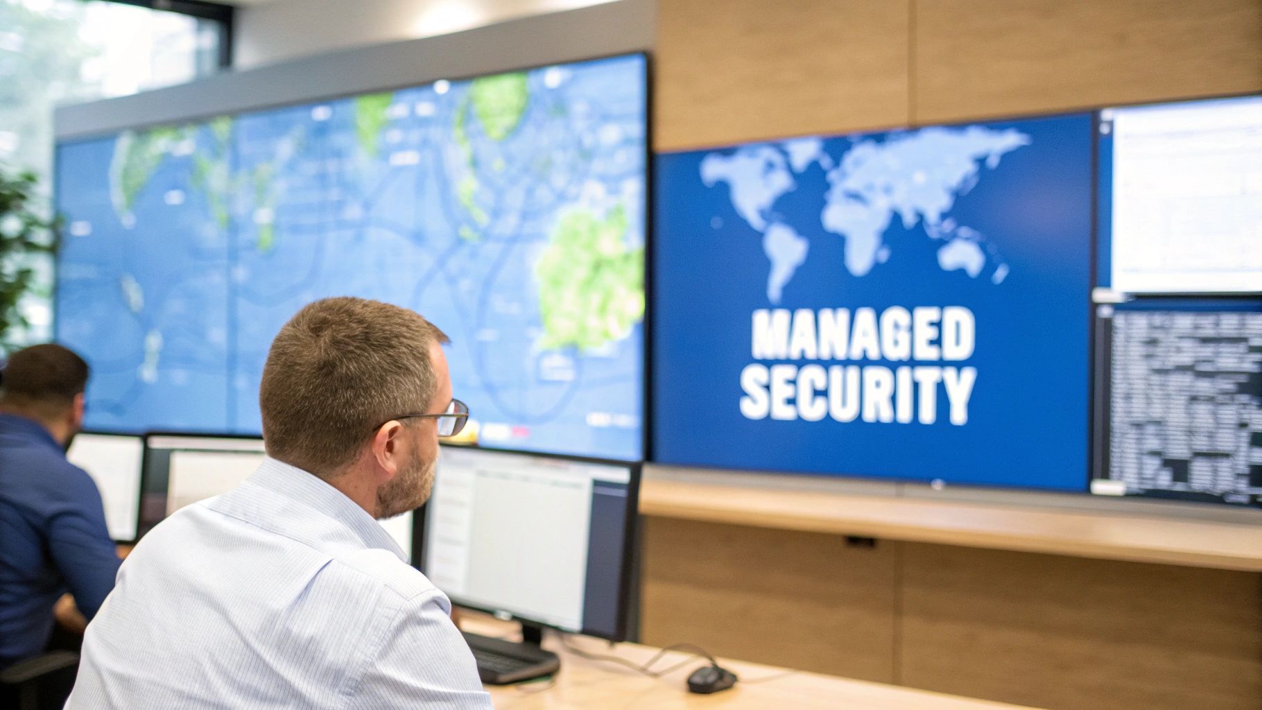 Two IT professionals monitor large screens displaying global maps and 'Managed Security' in a control room.