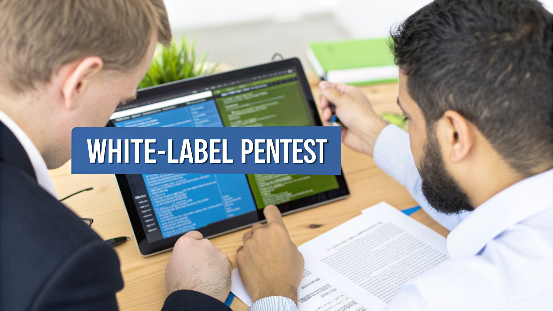 Two cybersecurity professionals collaborate on a white-label pentest, analyzing code on a tablet screen.