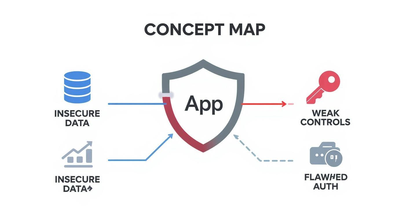 A security concept map shows insecure data impacting an app, leading to weak controls and flawed authentication.