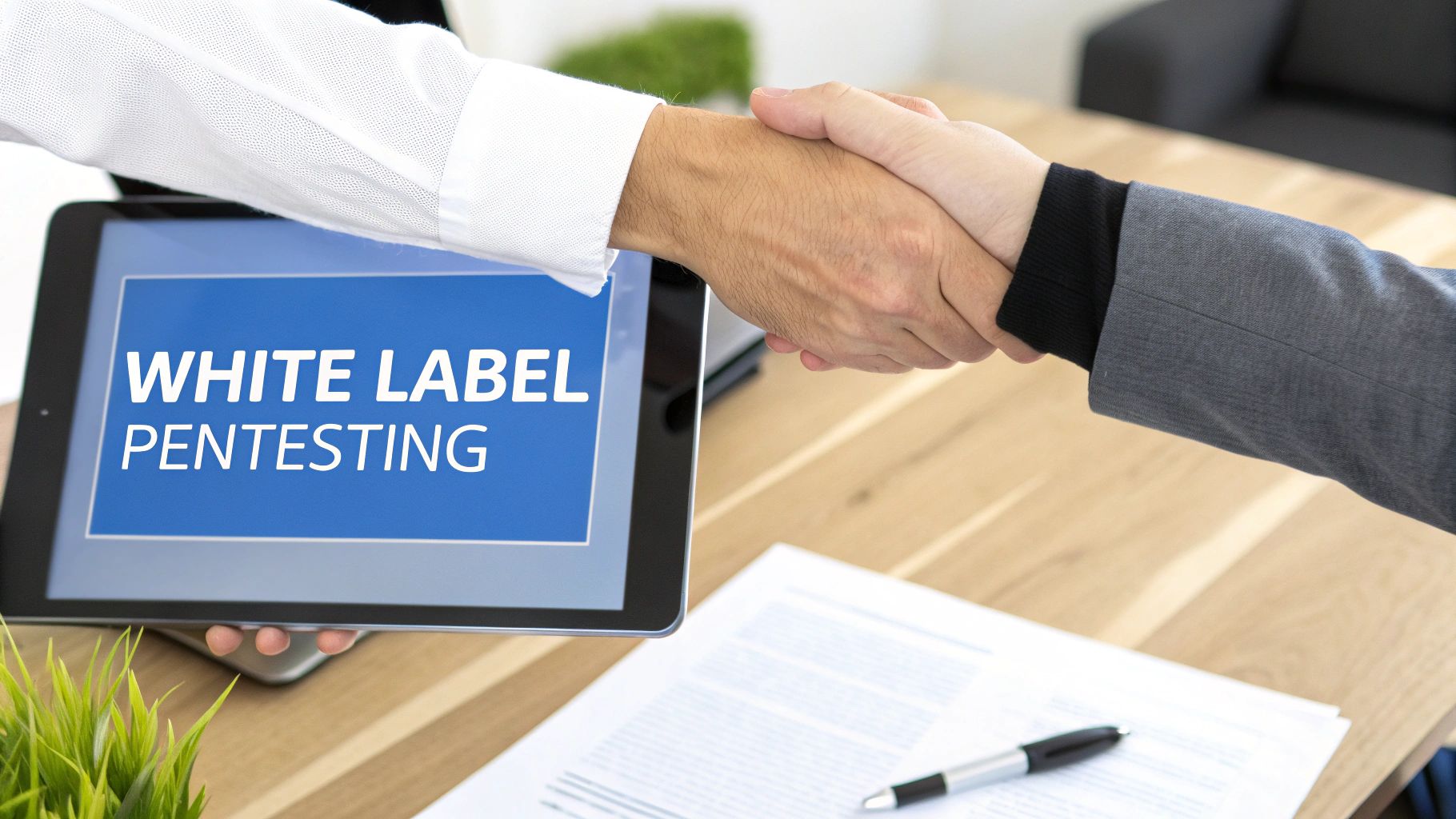 Two business people shake hands over a tablet displaying 'White Label Pentesting' on a blue screen.