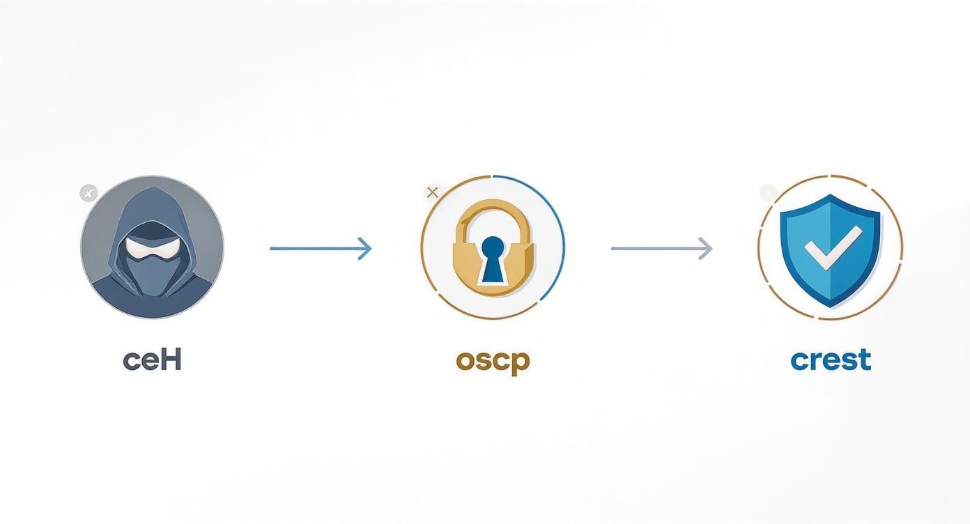 Progression of cybersecurity certifications: ceH (hacker icon), oscp (padlock), and crest (shield with checkmark).