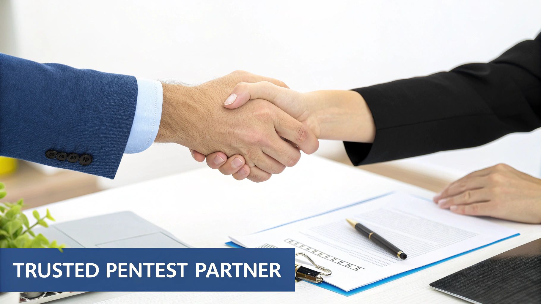Two business professionals shaking hands across a desk, featuring a 'Trusted Pentest Partner' banner.