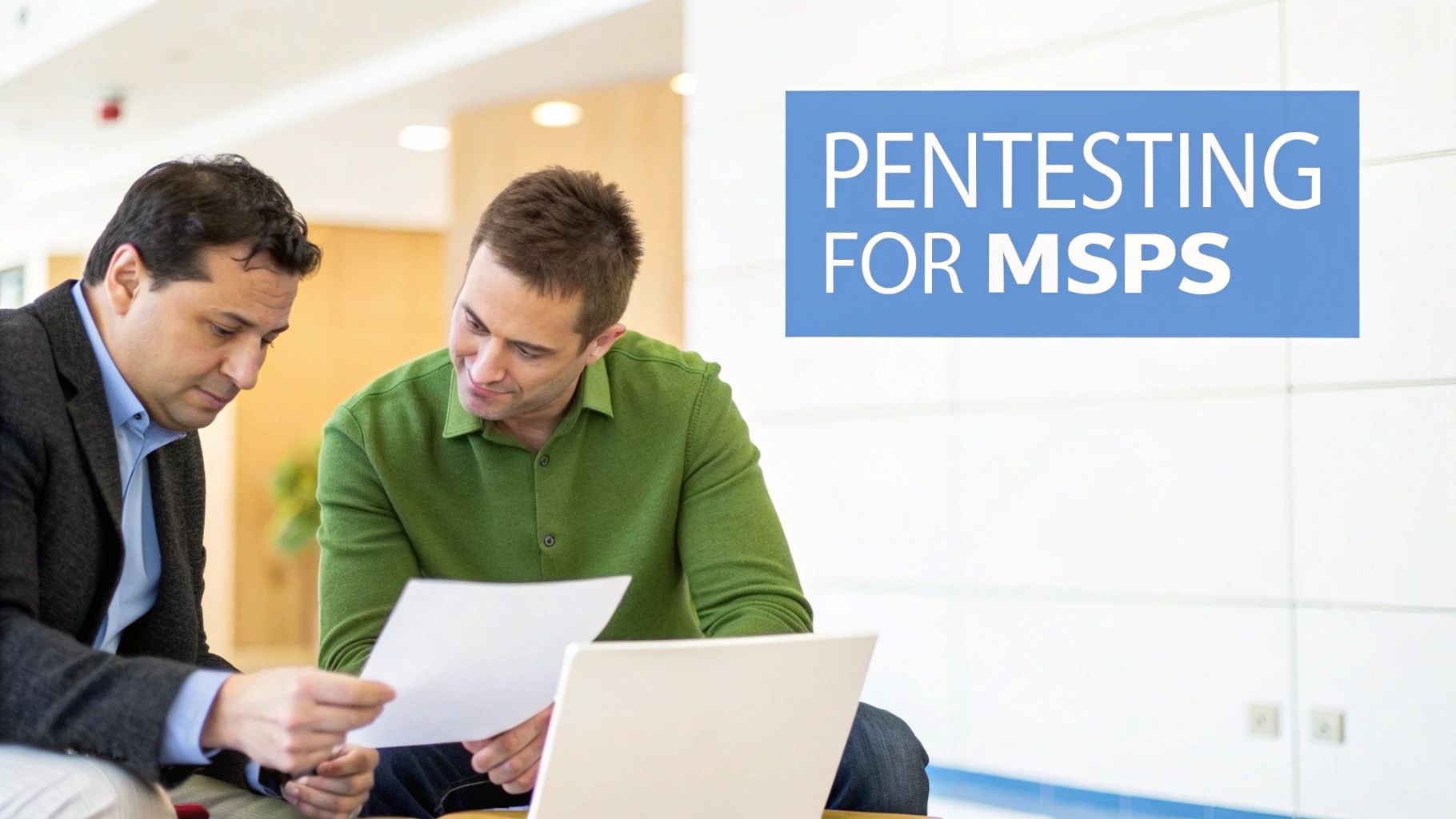 Two men in a professional setting discussing documents and a laptop, with text 'Pentesting for MSPs'.