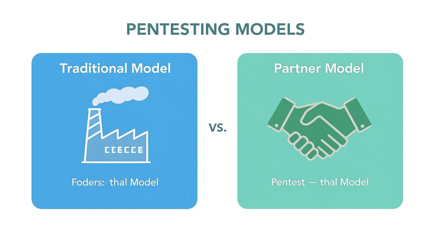 Diagram comparing Traditional and Partner Pentesting Models, represented by a factory and handshake icons.