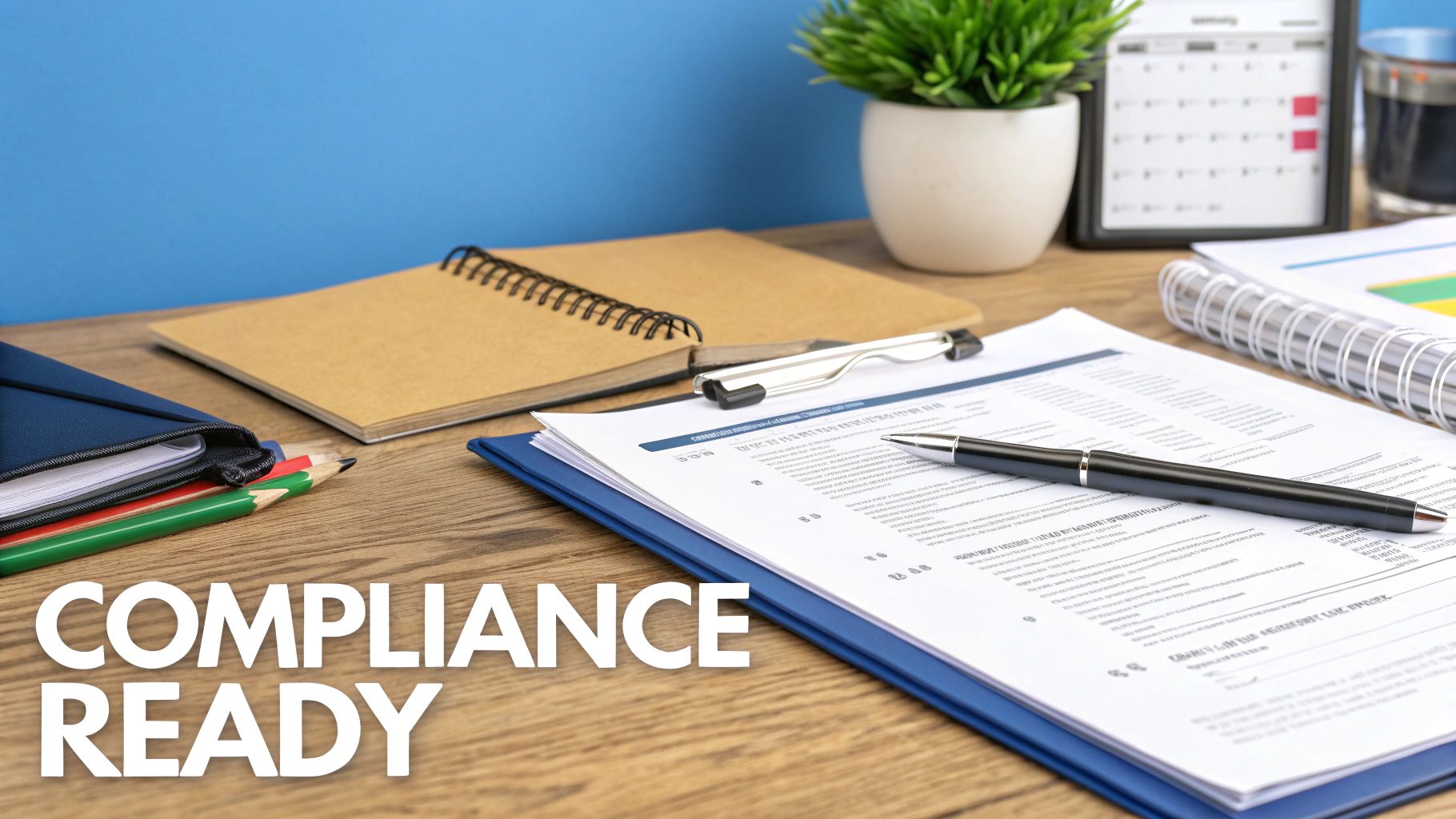 An organized office desk with documents, a pen, notebooks, and 'COMPLIANCE READY' text.
