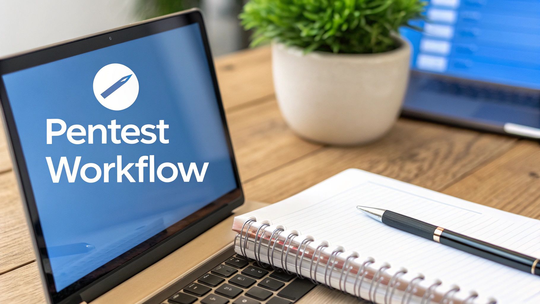 A laptop screen displays "Pentest Workflow" with an icon, next to a notebook and pen.