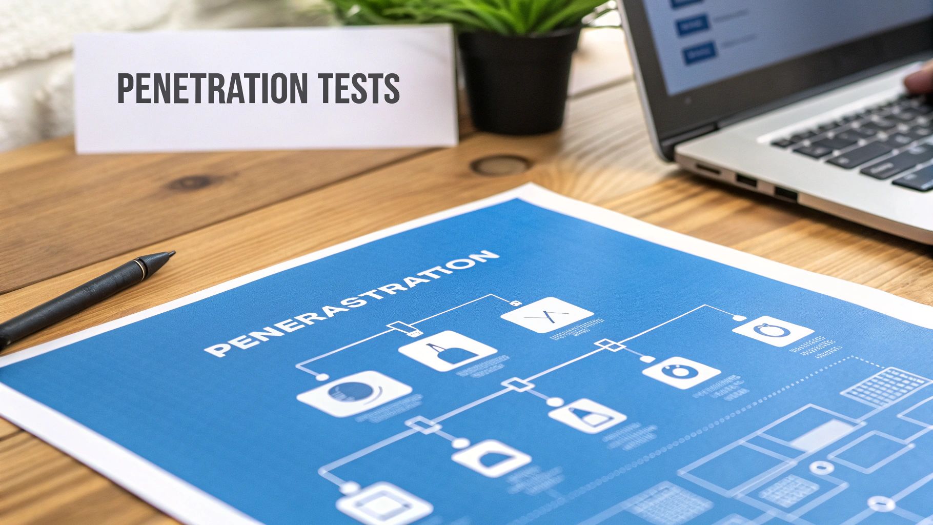 A desk with a laptop, pen, plant, and documents related to penetration tests and security.