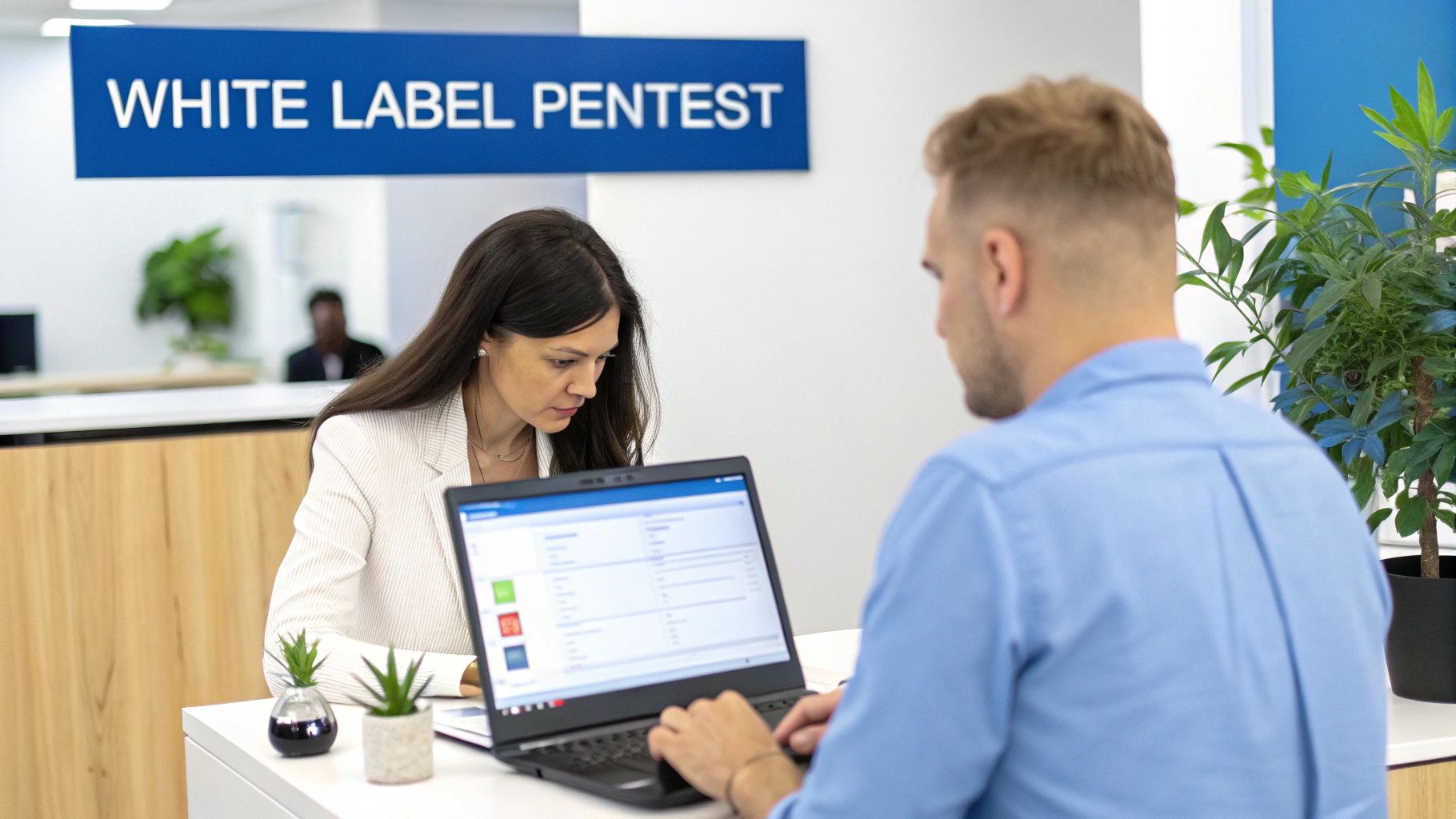 Two professionals in an office collaborating, one working on a laptop, with a 'WHITE LABEL PENTEST' sign overhead.
