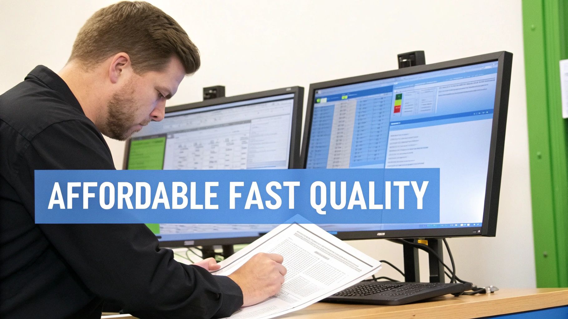 A man in a black shirt working intently at a desk with two computer monitors and documents.