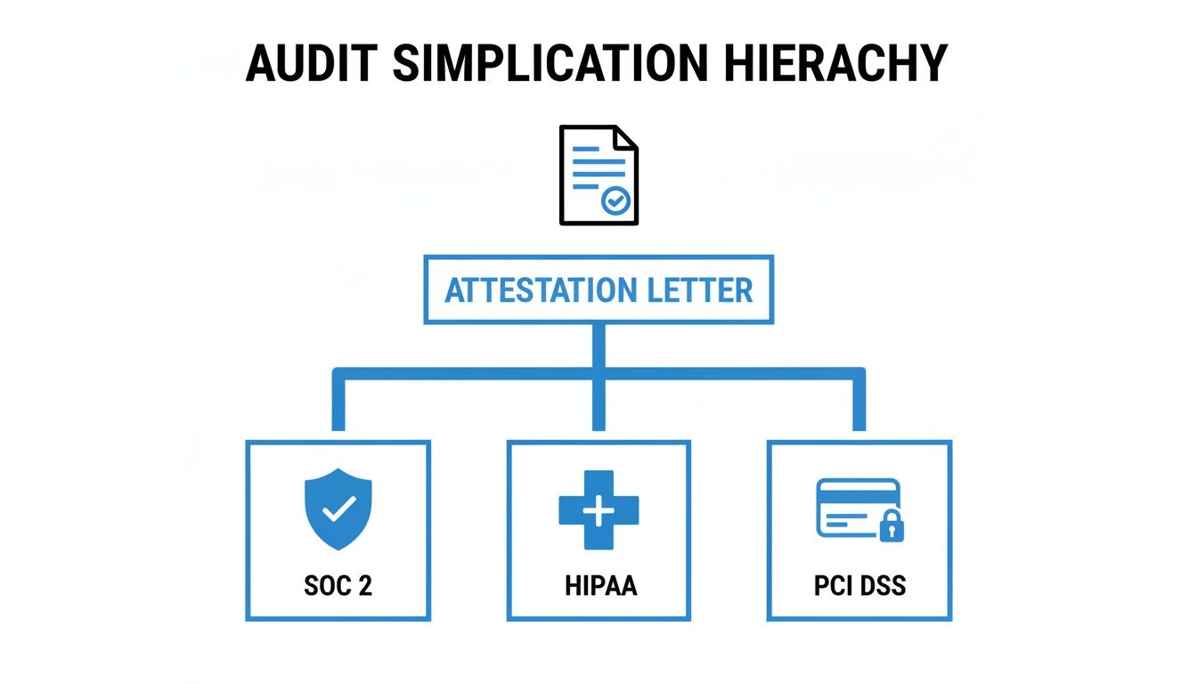 Diagram showing an Audit Simplification Hierarchy with an Attestation Letter branching to SOC 2, HIPAA, and PCI DSS.