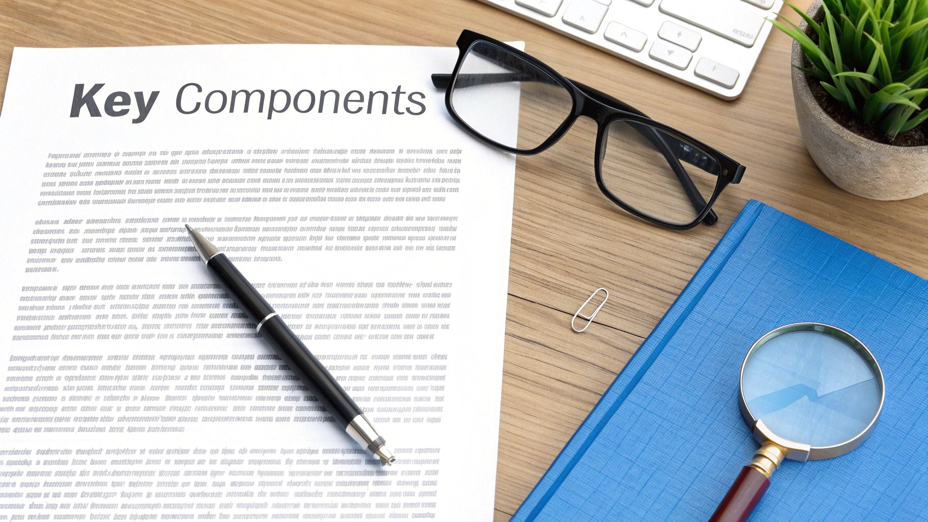A flat lay view of a neat wooden desk with a document titled 'Key Components', a pen, reading glasses, and office essentials.
