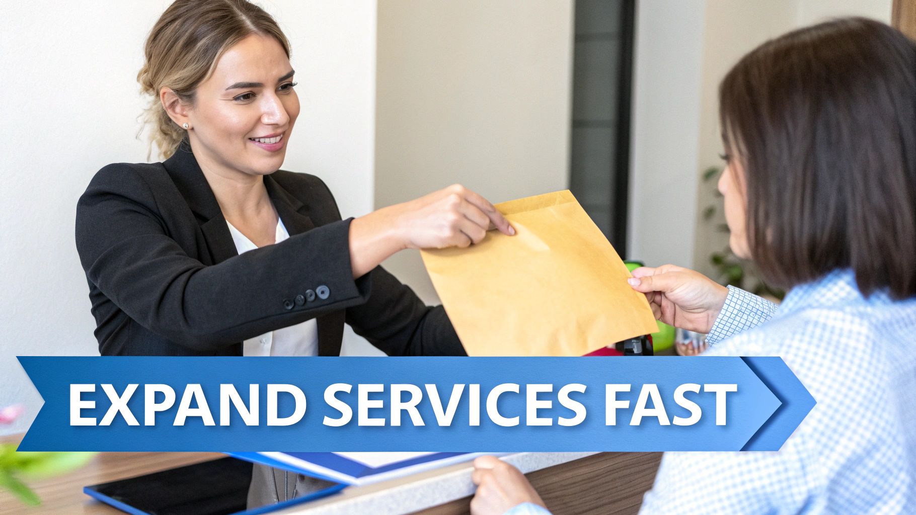Two women exchanging a brown envelope across a counter, smiling, in an office setting.