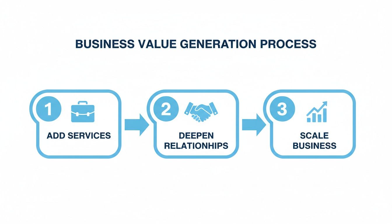 Diagram showing three steps for business value generation: add services, deepen relationships, scale business.