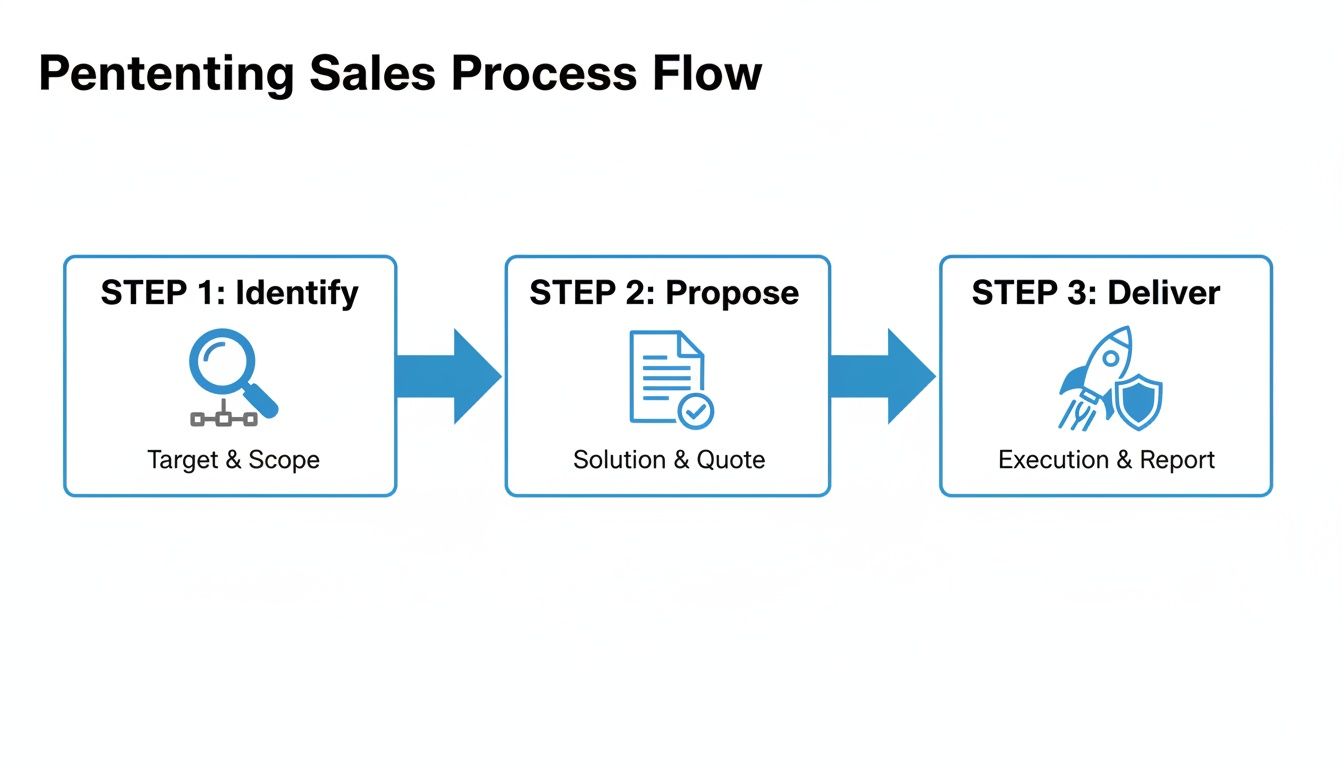 Flowchart illustrating the Pentesting Sales Process: Step 1 Identify, Step 2 Propose, and Step 3 Deliver.
