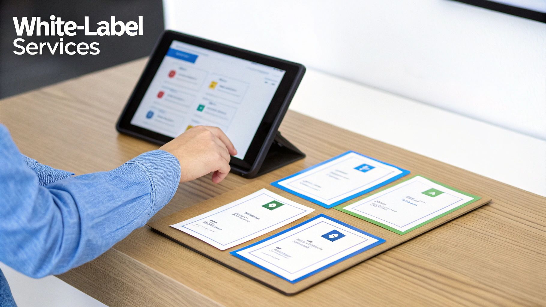 A person interacts with a tablet displaying white-label services software, with branded cards on a wooden table.