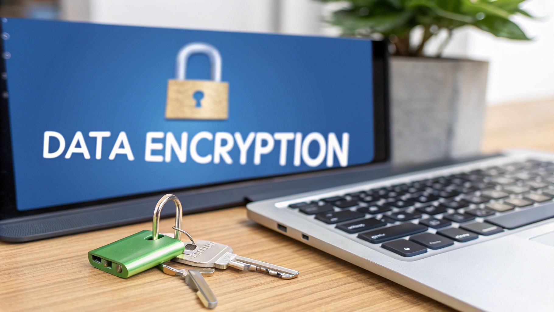 A laptop displaying 'DATA ENCRYPTION' and a padlock, with a physical padlock and keys on a wooden desk.
