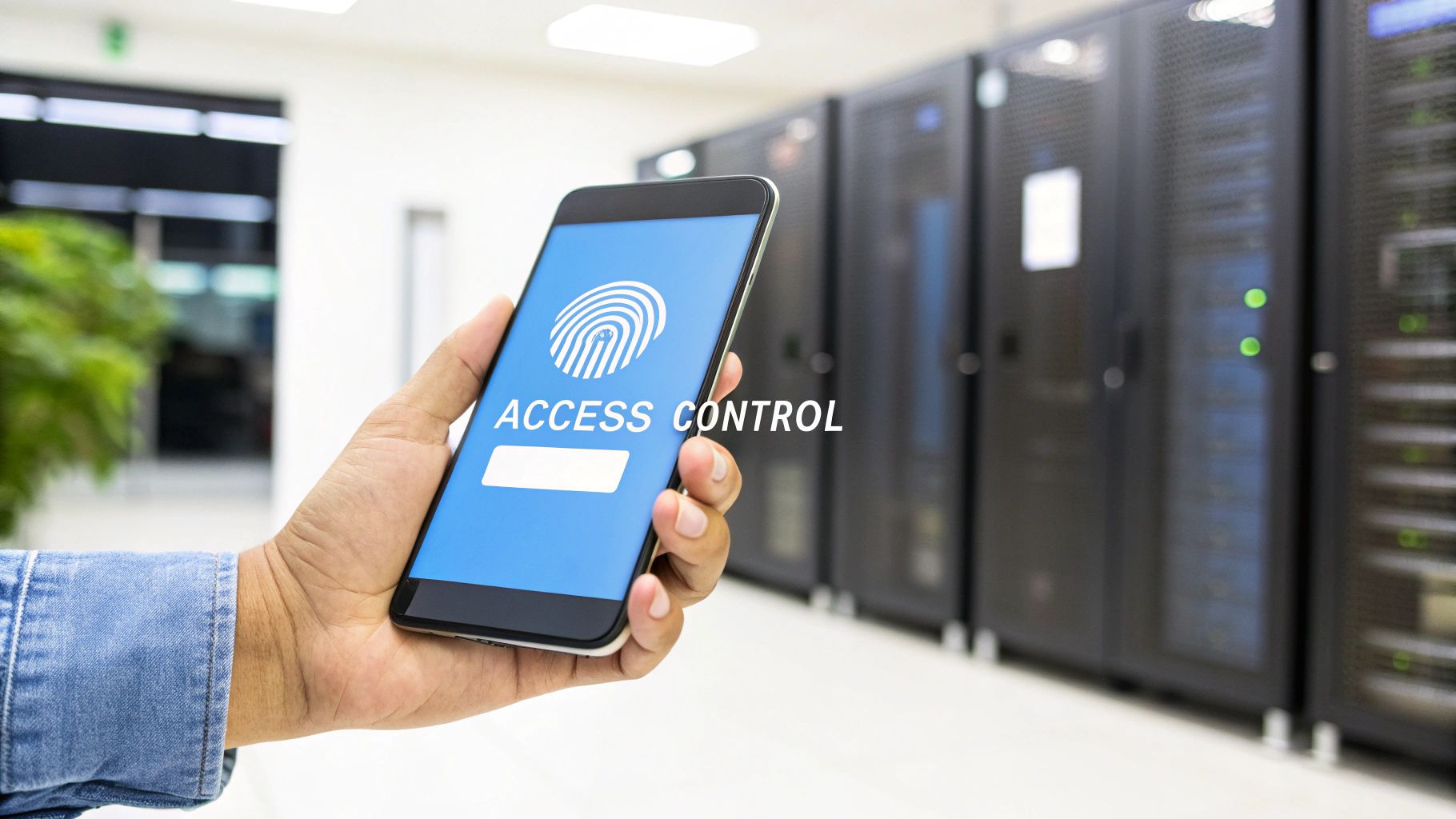 A hand holds a smartphone displaying a fingerprint icon and 'ACCESS CONTROL' text, in a blurred server room.