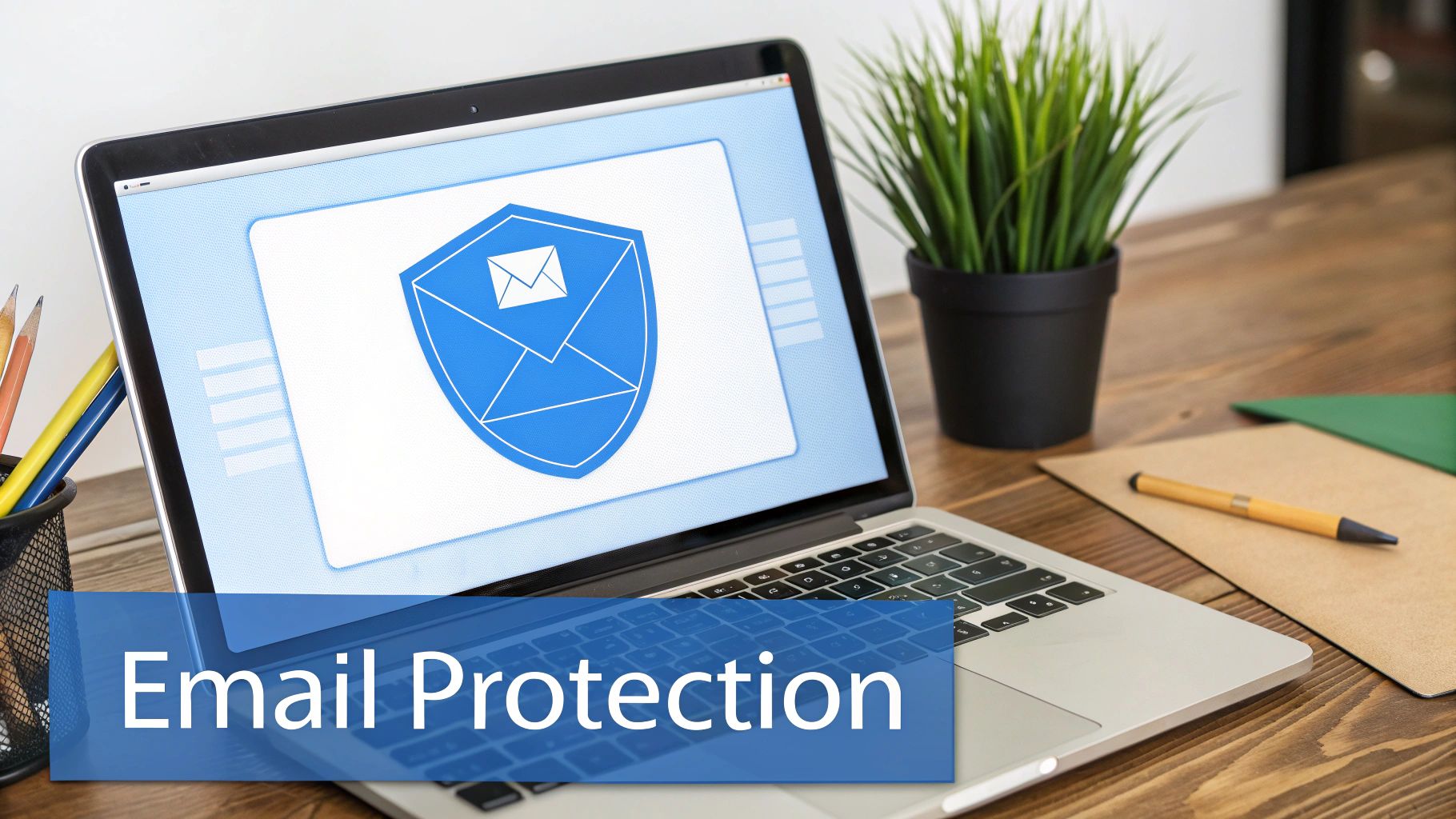 A laptop screen shows a blue shield with an email icon, symbolizing email protection on a desk.