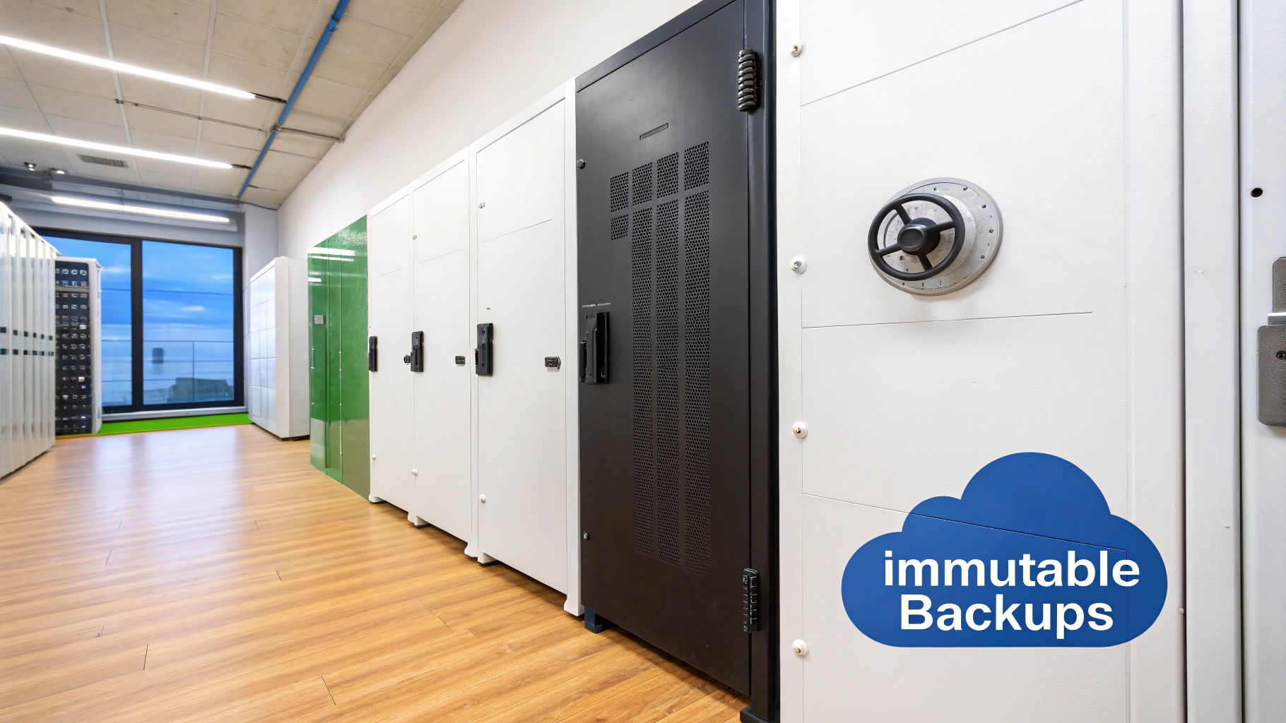 A data center with various server racks, a vault door, and an 'immutable Backups' cloud icon.