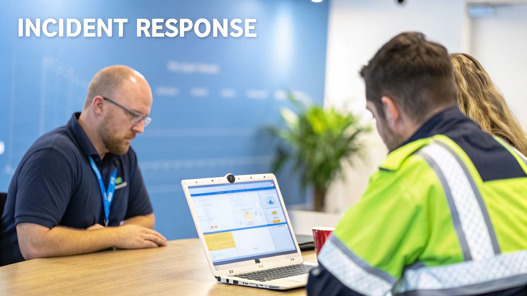 Two people reviewing an incident response dashboard on a laptop with a colleague nearby.