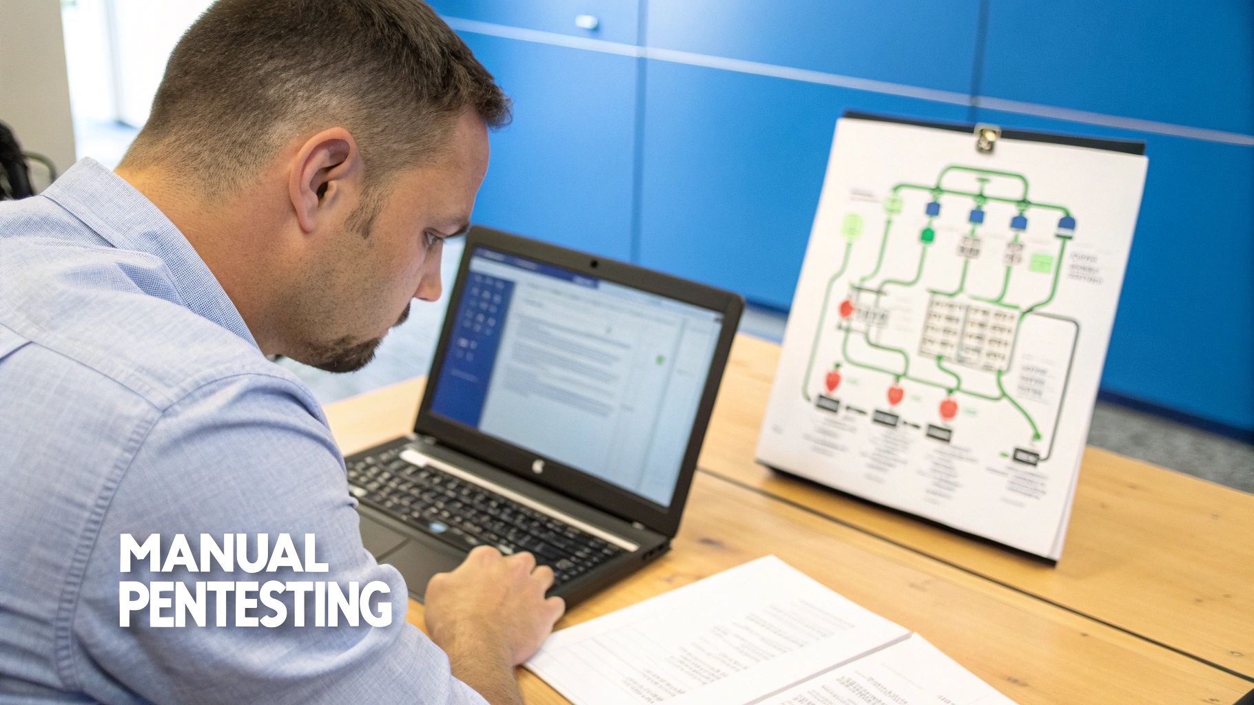 A man performs manual penetration testing, working on a laptop with documents and a network diagram on the desk.
