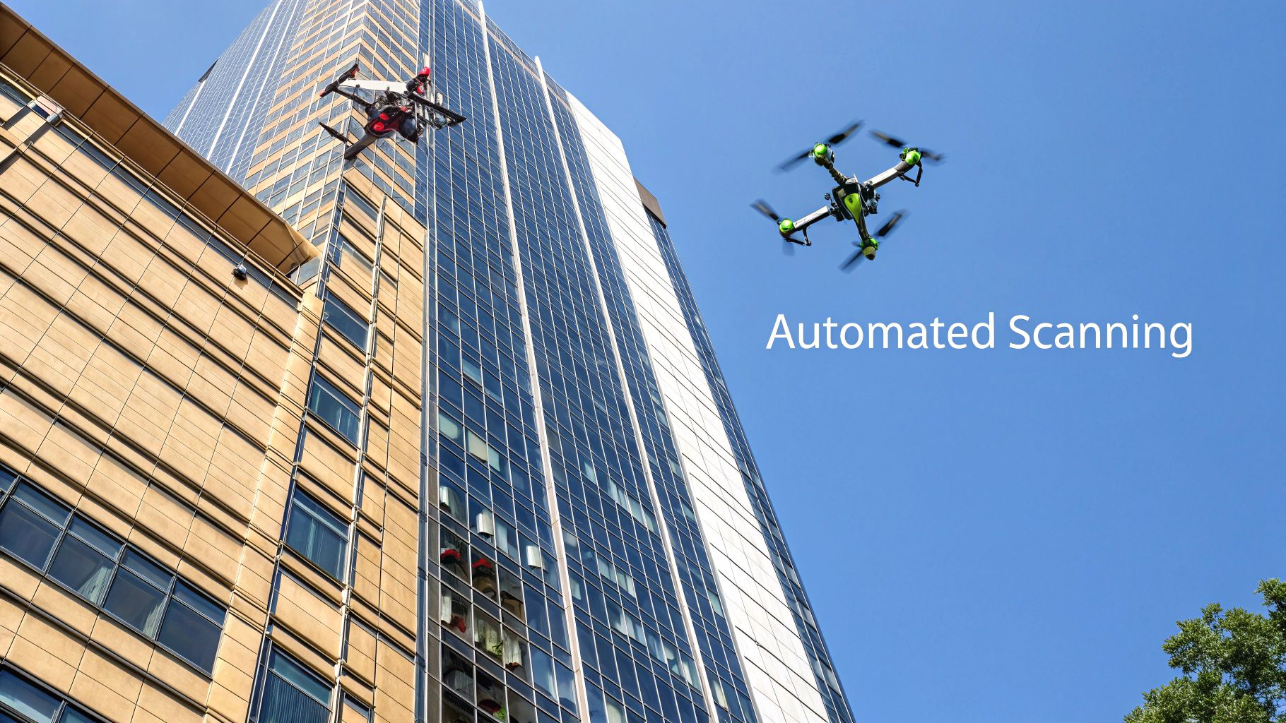 Two drones flying near tall modern buildings against a blue sky, performing automated scanning.