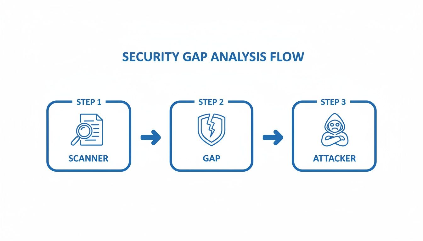 A security gap analysis flow diagram shows a scanner detecting a gap, which an attacker can exploit.