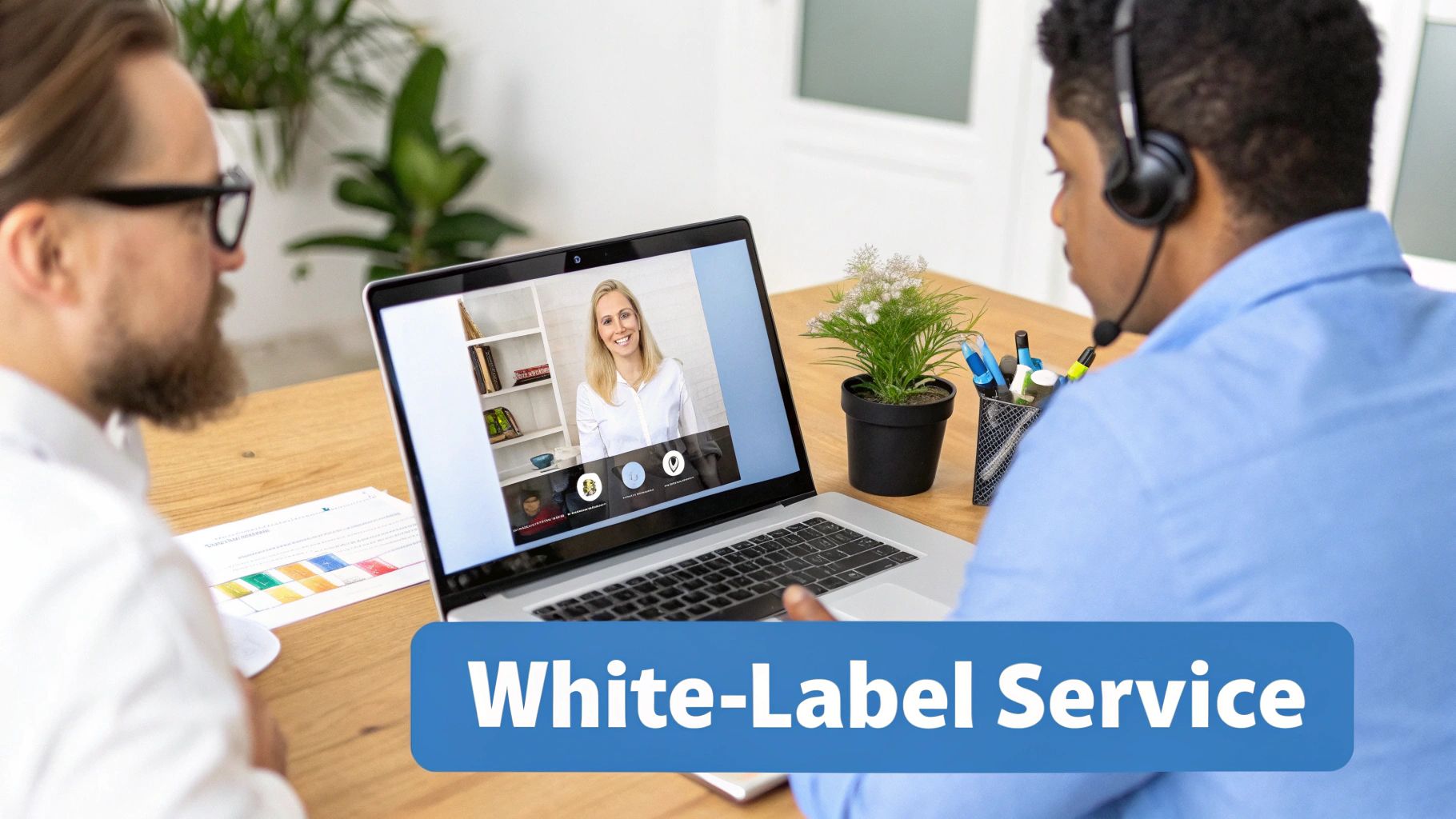 Two men are engaged in an online video call with a woman on a laptop, discussing a white-label service.