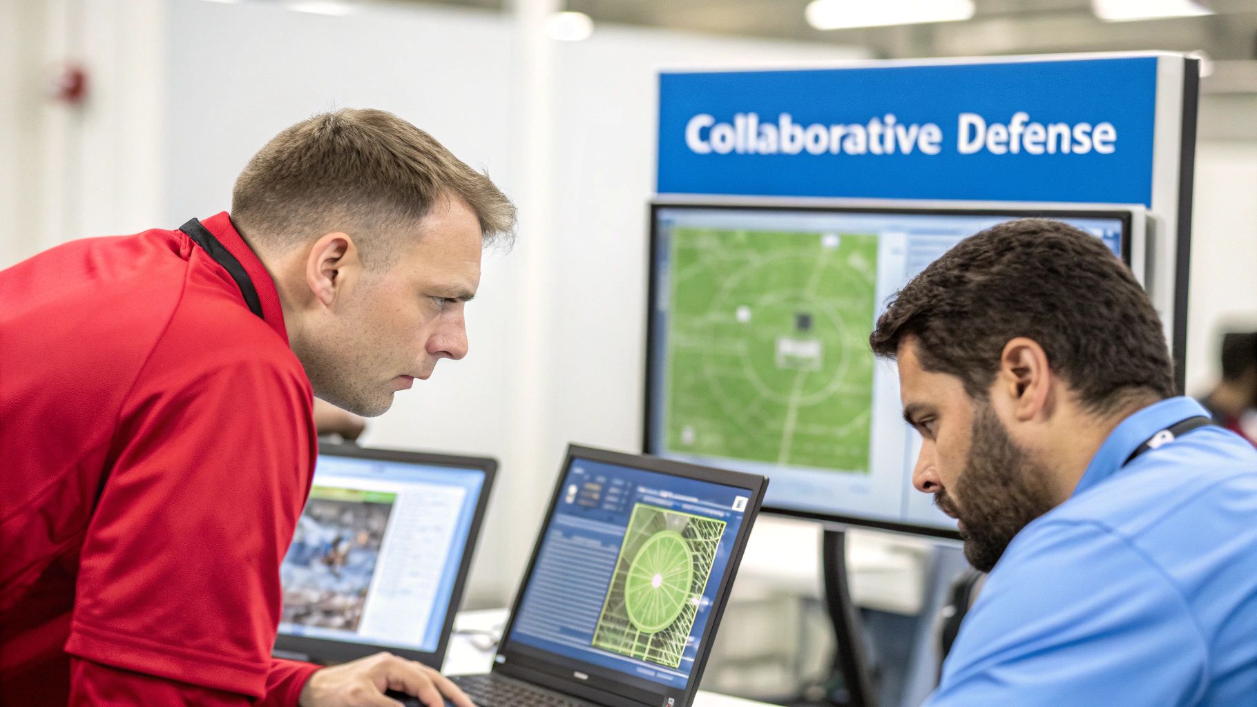 Two men focused on laptops and a large screen displaying 'Collaborative Defense' and technical graphics.