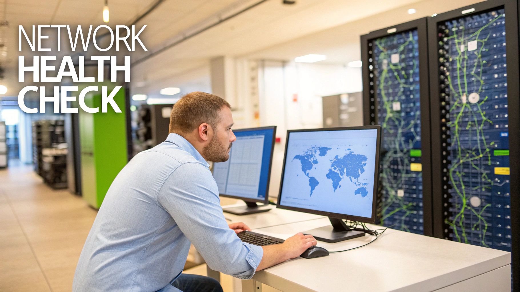 A man monitors network health on dual screens in a data center with glowing server racks.