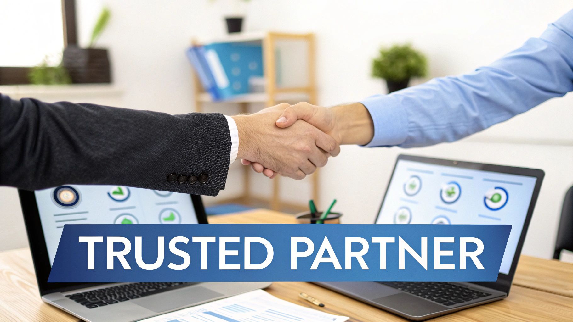 Two business professionals shaking hands over a desk with laptops, symbolizing a trusted partnership.