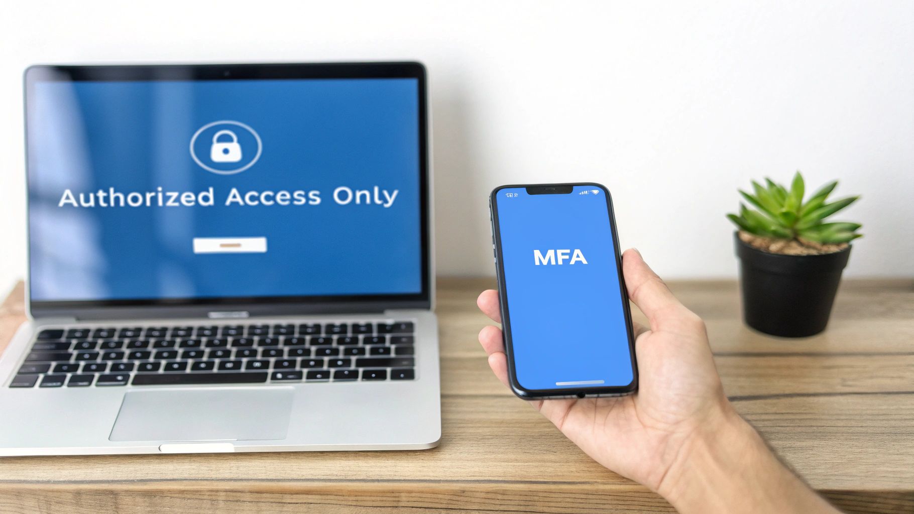 Hand holding phone with MFA screen next to laptop displaying 'Authorized Access Only' for secure access.