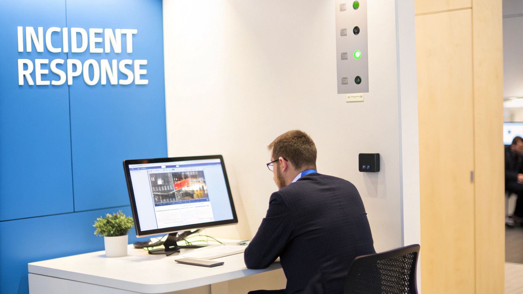 Man in suit monitoring security footage on a computer at an Incident Response desk.